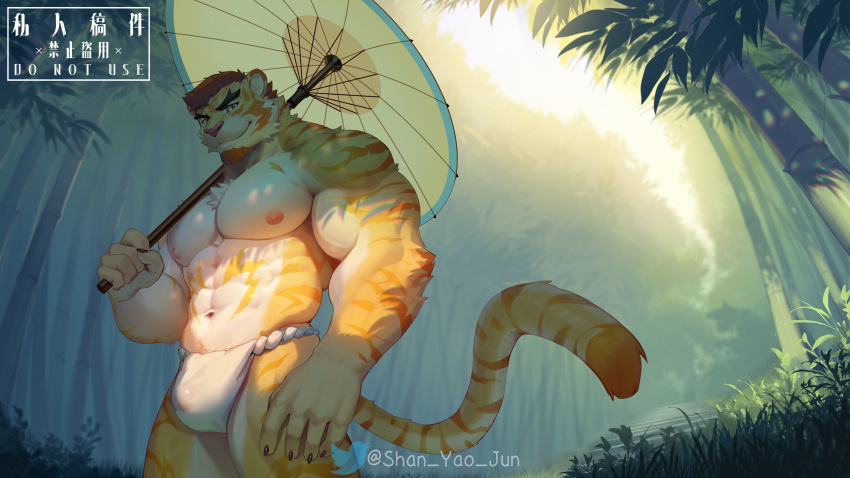 2023 5_fingers abs absurd_res anthro asian_clothing bamboo bamboo_forest black_claws black_eyebrows brown_hair claws clothed clothing day east_asian_clothing eyebrows felid finger_claws fingers forest fundoshi fundoshi_only fur grass hair hi_res holding_object holding_umbrella humanoid_hands japanese_clothing light long_tail male mammal muscular muscular_anthro muscular_male navel nipples orange_body orange_fur orange_striped_fur orange_stripes pantherine pecs plant portrait shan_yao_jun short_hair shrub smile smiling_at_viewer solo striped_body striped_fur stripes sunlight tail three-quarter_portrait tiger topless topless_anthro topless_male tree umbrella underwear underwear_only