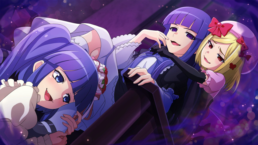 3girls beret black_dress black_tail blonde_hair blue_eyes blue_hair blunt_bangs blush bow crossed_legs dress dress_bow empty_eyes fang flower frederica_bernkastel frilled_dress frilled_sleeves frills furudo_erika gloves hair_flower hair_ornament hand_on_another's_leg hat highres higurashi_no_naku_koro_ni_mei holding_another's_foot holding_another's_leg lambdadelta leg_worship long_hair long_sleeves looking_at_another mary_janes multiple_girls official_art open_mouth pink_headwear purple_eyes raised_eyebrows ribbon rose shoes sitting smile throne twintails umineko_no_naku_koro_ni yuri