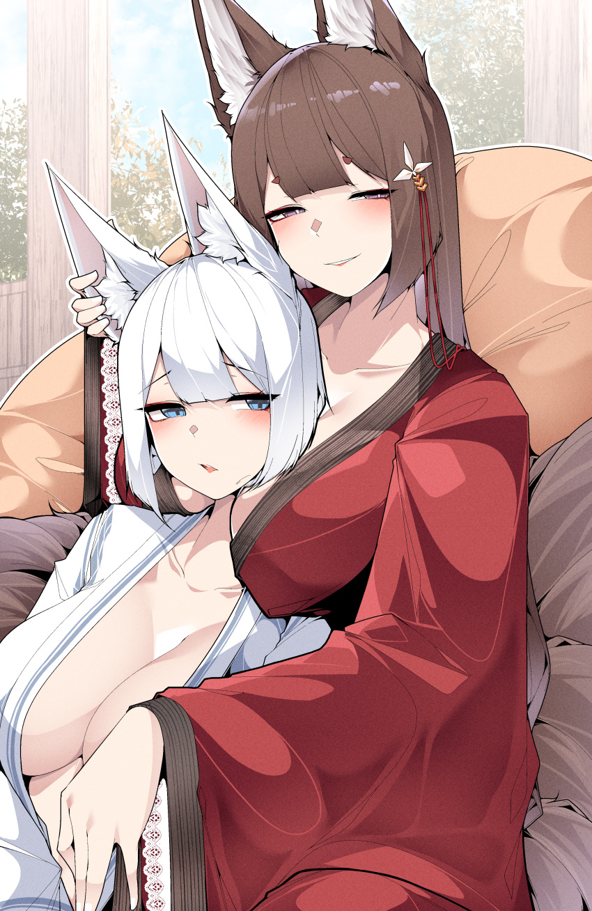 2girls absurdres amagi_(azur_lane) animal_ears azur_lane blue_eyes blush breast_rest breasts breasts_on_head brown_hair cleavage day eyeshadow fox_ears fox_girl fox_tail grin hair_between_eyes hair_ornament half-closed_eyes hand_on_another's_chest hand_up head_on_chest highres indoors japanese_clothes kaga_(azur_lane) kimono kitsune large_breasts leaning_on_person long_hair looking_at_viewer makeup medium_hair multiple_girls multiple_tails no_bra purple_eyes red_eyeshadow red_kimono rubbing_ears samip smile tail undressing very_long_hair white_hair white_kimono wide_sleeves yuri