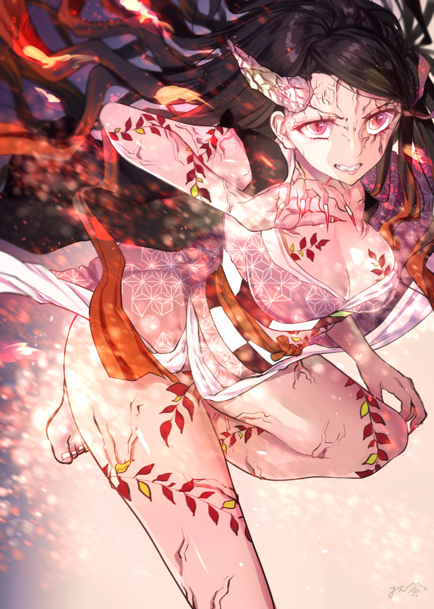 1girl aged_up barefoot black_hair breasts cleavage clenched_teeth commentary_request demon_girl demon_horns eyelashes fiery_hair fighting_stance fingernails fire floating_hair hair_ribbon hand_up highres horns japanese_clothes kamado_nezuko kimetsu_no_yaiba kimono large_breasts leaf_tattoo leaning_forward long_fingernails long_hair looking_at_viewer nose paid_reward_available parted_bangs pink_hair pink_kimono pink_ribbon ribbon rincha_(rinrinrincha) sharp_fingernails signature sleeveless sleeveless_kimono slit_pupils solo standing standing_on_one_leg teeth thighs upturned_eyes veins veiny_arms veiny_face veiny_thighs very_long_hair
