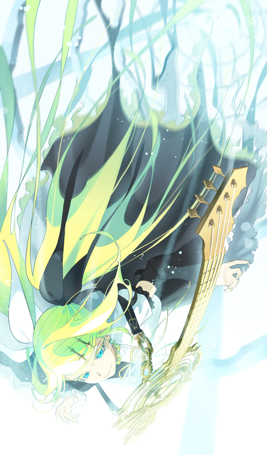 1girl absurdres alternate_hairstyle blonde_hair blue_eyes bon_bon_eee detached_sleeves dress falling floating_hair guitar hair_ornament hair_ribbon hairclip highres instrument kagamine_rin kagamine_rin_(roshin_yuukai/hard_rkmix) ribbon roshin_yuukai_(vocaloid) short_hair solo twintails two-tone_dress vocaloid