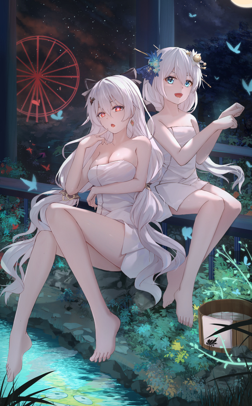 2girls :d absurdres animal bare_arms bare_shoulders barefoot black_bow blue_flower blush bow bqhong breasts bug butterfly character_request cleavage commentary_request earrings eyebrows_hidden_by_hair feet ferris_wheel flower full_moon hair_between_eyes hair_bow hair_flower hair_ornament heart heart-shaped_pupils highres homu_(honkai_impact) honkai_(series) honkai_impact_3rd jewelry knees_together_feet_apart legs long_hair luna_(honkai_impact) medium_breasts moon multiple_girls naked_towel night night_sky outdoors plantar_flexion red_eyes sitting sky small_breasts smile star_(sky) starry_sky symbol-shaped_pupils toes tongue tongue_out towel tree very_long_hair water white_hair