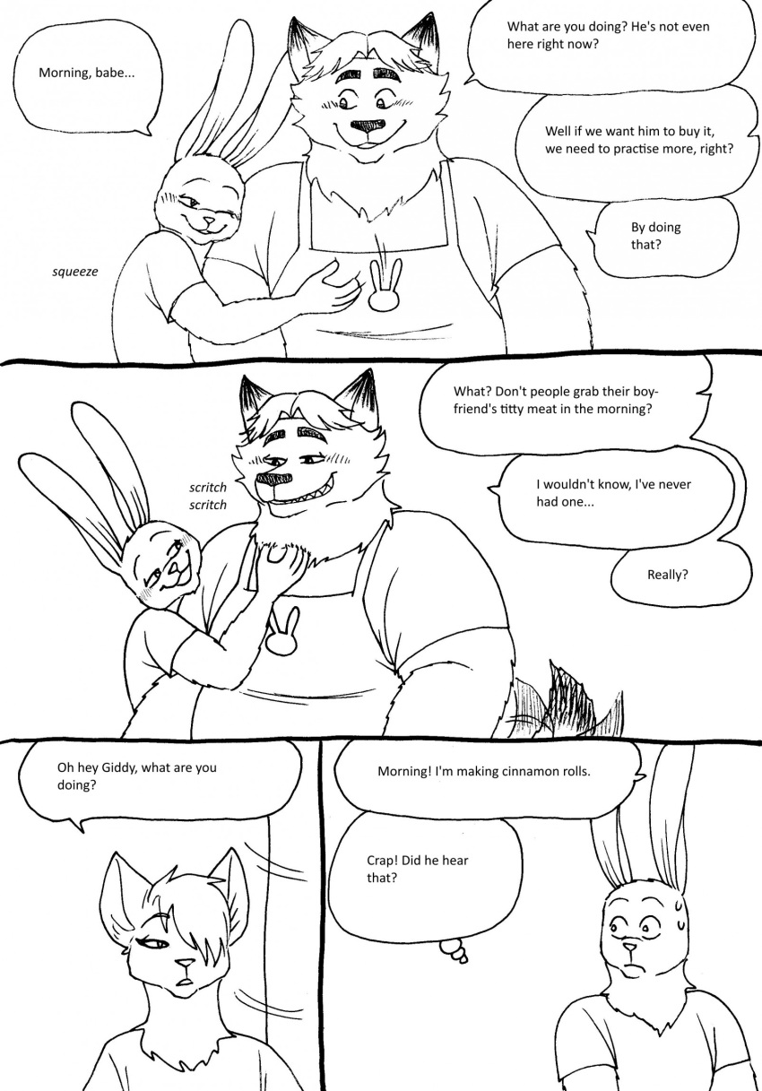 2023 anthro apron bernielover biped blush bodily_fluids canid canine clothing comic dialogue disney embrace english_text fan_character fox gideon_grey hi_res hug lagomorph leporid male mammal overweight overweight_male rabbit sweat tail tail_motion tailwag text zootopia