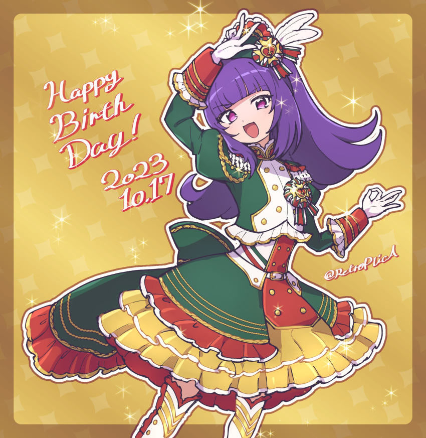 1girl :d aiguillette arm_up blunt_bangs boots border commentary_request cropped_jacket dated dress epaulettes feather_hair_ornament feathers frilled_dress frills gloves green_dress green_jacket hair_ornament hanazono_shuka happy_birthday highres idol_clothes idol_time_pripara jacket juliet_sleeves knee_boots long_hair long_sleeves looking_at_viewer nana_(retroplica) ok_sign open_mouth outline ponytail pretty_(series) pripara puffy_sleeves purple_eyes purple_hair smile solo sparkle standing twitter_username white_footwear white_gloves white_outline yellow_background