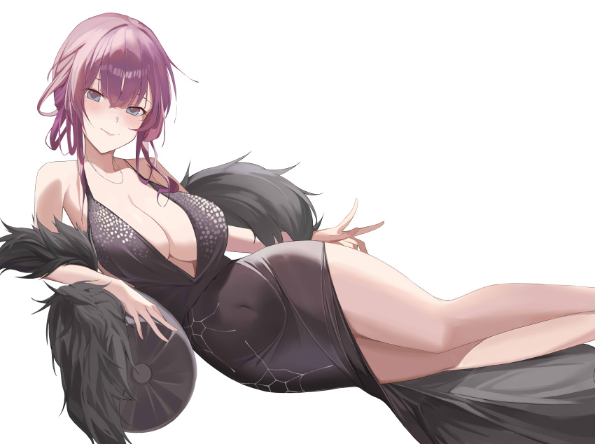 1girl absurdres bare_shoulders black_dress blue_eyes blush breasts center_opening covered_navel dress garland_(decoration) gown hair_between_eyes highres honkai:_star_rail honkai_(series) jewelry kafka_(honkai:_star_rail) kittf large_breasts looking_at_viewer lying necklace on_side plunging_neckline purple_hair short_hair_with_long_locks simple_background solo thighs w white_background