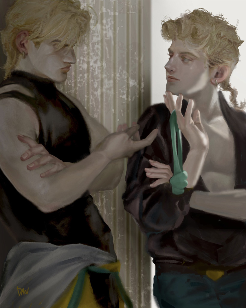 2boys artist_name black_shirt blonde_hair braid commentary_request crossed_arms danart14020 dio_brando father_and_son giorno_giovanna green_headband headband headband_removed highres holding holding_headband jojo_no_kimyou_na_bouken long_hair looking_at_another male_focus multiple_boys muscular muscular_male pants realistic shirt smile stardust_crusaders vento_aureo yellow_eyes yellow_pants