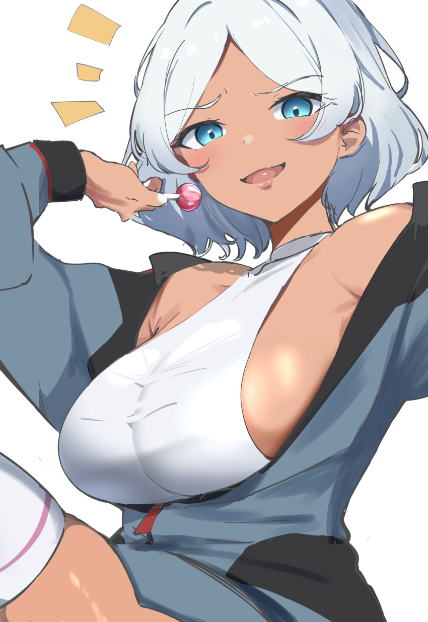 1girl blush breasts candy dark-skinned_female dark_skin food grey_hair gundam gundam_suisei_no_majo highres holding holding_candy holding_food holding_lollipop jacket jacket_partially_removed large_breasts lollipop looking_at_viewer mattyazuki notice_lines parted_bangs secelia_dote sideboob simple_background smug solo thighhighs white_background white_thighhighs