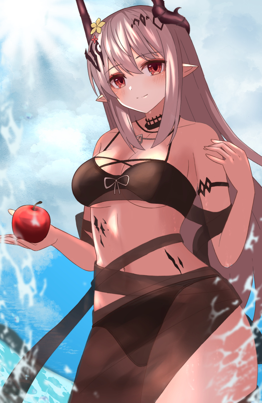 1girl apple arknights bikini black_bikini blue_sky cloud commentary_request cowboy_shot day food fruit grey_hair highres holding holding_food holding_fruit horns kuwan4971 long_hair looking_at_viewer mudrock_(arknights) mudrock_(silent_night)_(arknights) navel official_alternate_costume oripathy_lesion_(arknights) pointy_ears red_eyes sarong sidelocks sky smile solo standing stomach swimsuit thick_thighs thighs very_long_hair