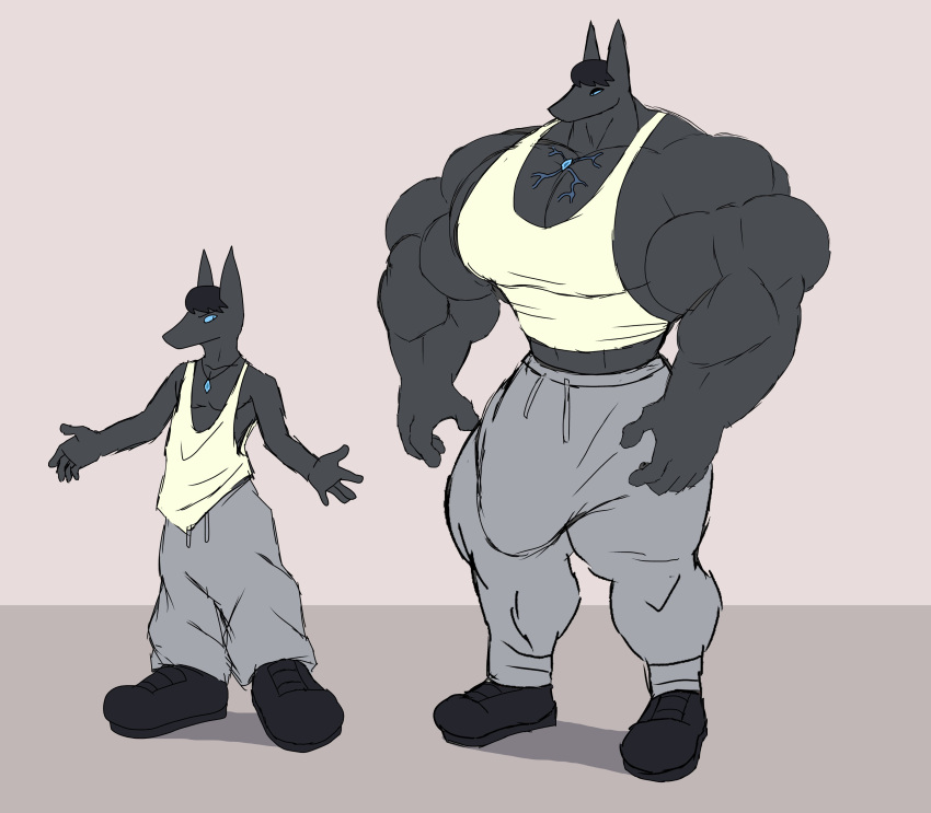 absurd_res anthro baggy_clothing before_and_after big_bulge big_muscles big_penis black_body black_clothing black_footwear black_fur black_hair black_shoes blue_eyes body_size_growth bottomwear bulge canid canine clothing footwear fur genitals grey_bottomwear grey_clothing grey_pants growth hair hi_res huge_muscles huge_pecs huge_penis hyper hyper_muscles jewelry male mammal midriff muscle_growth muscular muscular_arms muscular_legs muscular_male muscular_thighs necklace pants parttimeyeen_(artist) penis shirt size_transformation solo tight_clothing topwear transformation white_clothing white_shirt white_topwear