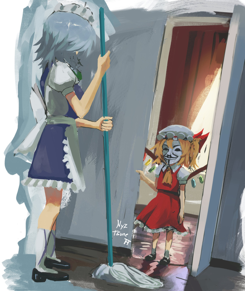 2girls absurdres anonymous_(4chan) apron artist_name ascot back_bow black_footwear blonde_hair blue_skirt blue_vest bow collared_shirt curtains flandre_scarlet frilled_apron frilled_skirt frills from_side full_body grey_hair hat hat_ribbon highres holding holding_mop indoors izayoi_sakuya large_bow looking_at_another maid maid_headdress mary_janes mask medium_hair mob_cap mop multicolored_wings multiple_girls nyztsune one_side_up open_door puffy_short_sleeves puffy_sleeves red_curtains red_ribbon red_skirt red_vest ribbon shirt shoes short_sleeves skirt skirt_set socks standing touhou vest waist_apron white_apron white_bow white_headwear white_shirt white_socks wings wooden_floor yellow_ascot