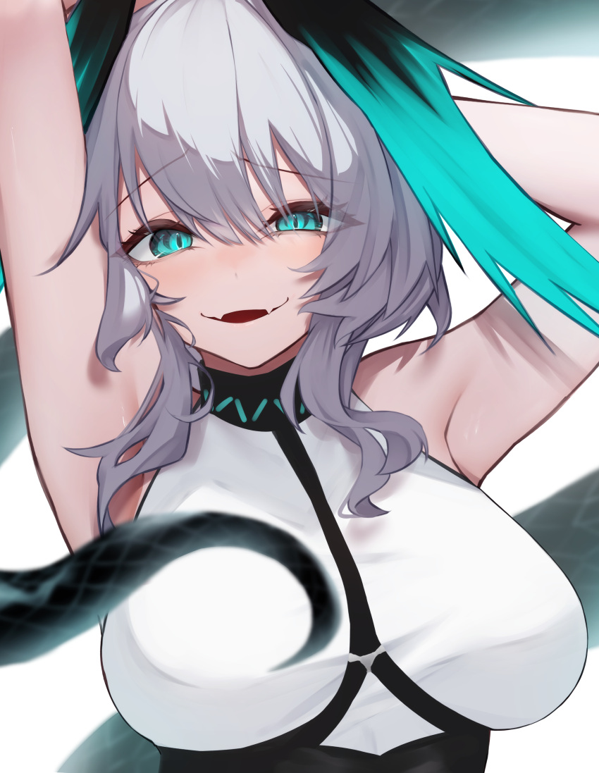 1girl absurdres arknights arms_up blue_eyes blush breasts fangs grey_hair hair_between_eyes head_wings highres ho'olheyak_(arknights) infection_monitor_(arknights) large_breasts looking_at_viewer medium_hair open_mouth paid_reward_available shirt skin_fangs sleeveless sleeveless_shirt snake_tail solo tail upper_body white_shirt wings worimehl