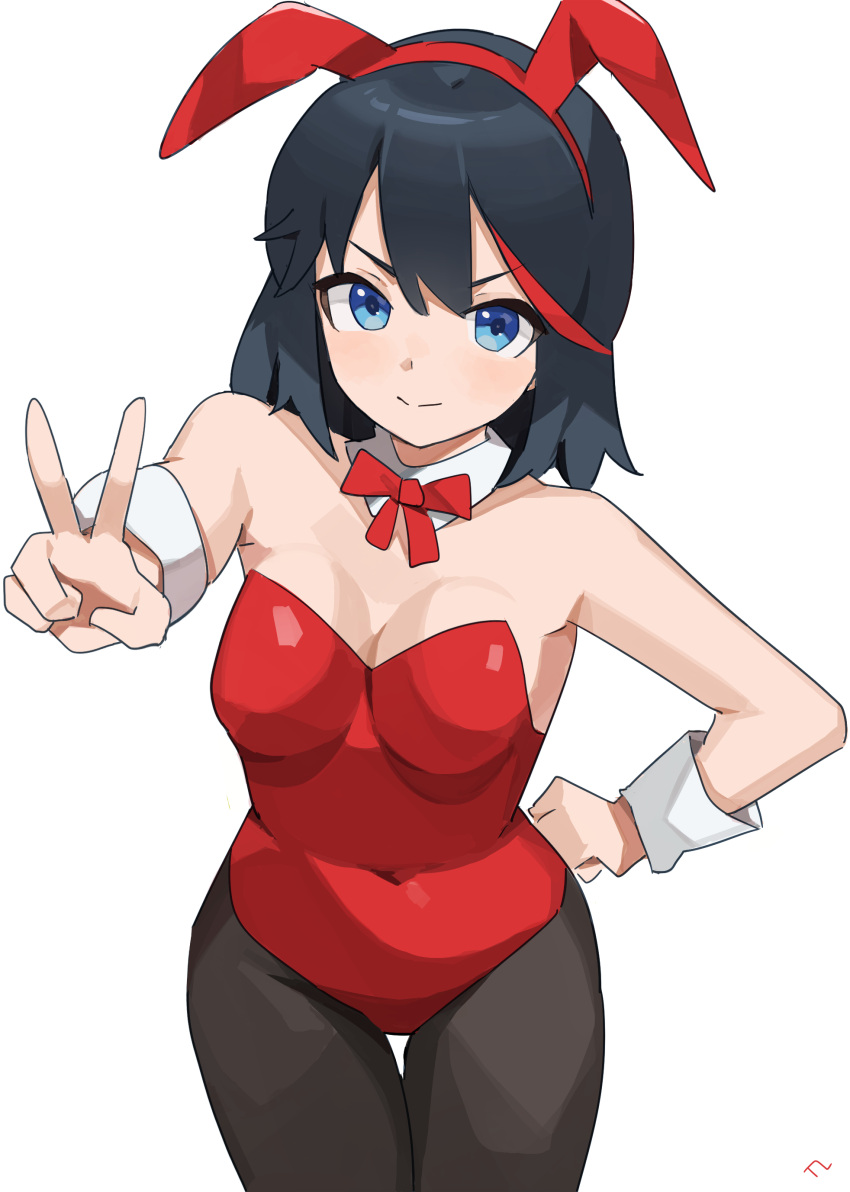 1girl absurdres animal_ears black_hair black_pantyhose blue_eyes bow bowtie breasts fake_animal_ears hair_between_eyes highres kill_la_kill leotard matoi_ryuuko multicolored_hair pantyhose playboy_bunny rabbit_ears red_bow red_bowtie red_hair smile solo t-lex thigh_gap white_background