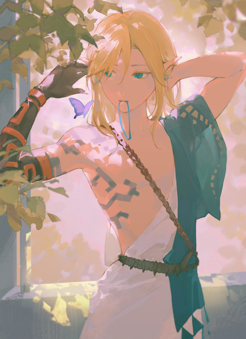 1boy absurdres aqua_eyes aqua_robe arm_tattoo blonde_hair bug butterfly day earrings gjygyao hadanugi_dousa hair_tie hair_tie_in_mouth highres jewelry leaf link long_hair male_focus mouth_hold outdoors pointy_ears purple_butterfly robe solo tattoo the_legend_of_zelda the_legend_of_zelda:_tears_of_the_kingdom tying_hair underwear white_robe