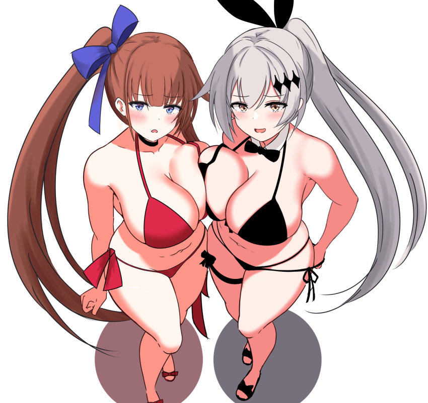 2girls blue_eyes blush bow breasts brown_hair cleavage fal_(fal's_summer)_(girls'_frontline) fal_(girls'_frontline) five-seven_(cruise_queen)_(girls'_frontline) five-seven_(girls'_frontline) girls'_frontline grey_hair highres large_breasts long_hair looking_at_viewer multiple_girls ribbon side_ponytail sukoyugiri thigh_strap very_long_hair