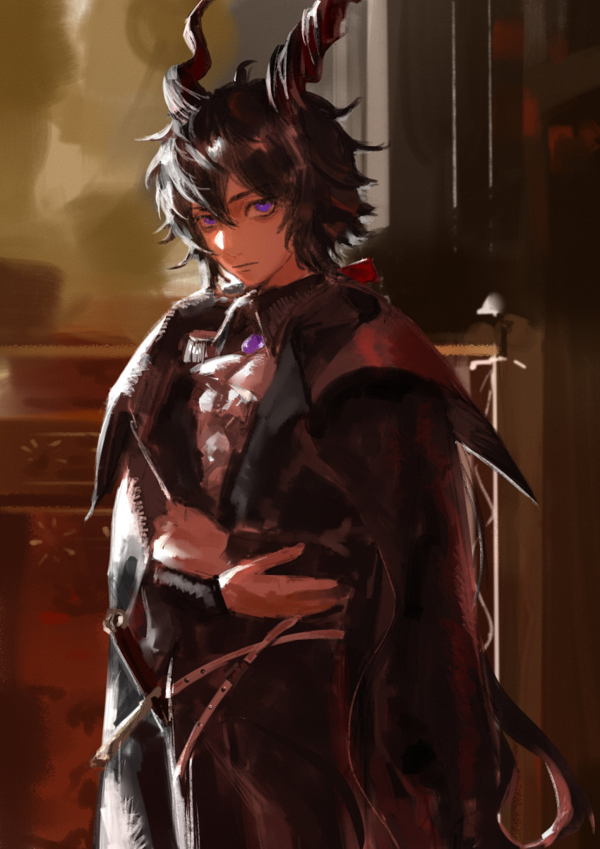 1boy absurdres animal_ears arknights black_coat black_hair bow coat crossed_arms ebenholz_(arknights) gloves goat_boy goat_ears goat_horns hair_bow highres horns horse_ears long_hair looking_at_viewer low_ponytail male_focus painting_(medium) purple_eyes red_bow solo traditional_media vaticancameos_c white_gloves