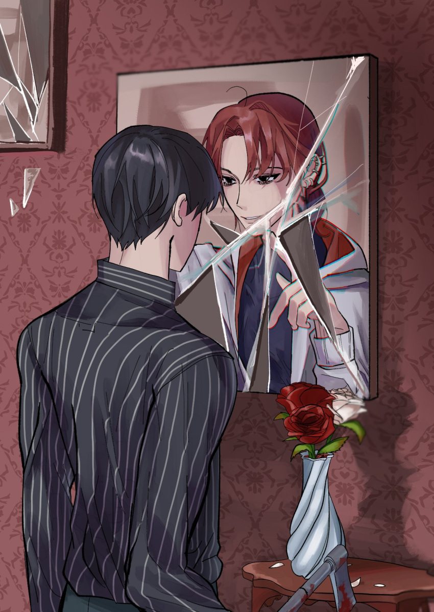 2boys axe black_hair black_shirt blood broken_mirror chromatic_aberration commentary_request ear_piercing earrings eoduun_badaui_deungbul-i_doeeo flower hatchet_(axe) highres holding jacket jewelry kim_jaehee korean_commentary long_sleeves looking_at_another looking_at_mirror male_focus mirror multiple_boys multiple_earrings park_moo-hyun piercing red_flower red_hair red_rose rose sea_0328 shirt short_hair smile striped striped_shirt vase vertical-striped_shirt vertical_stripes