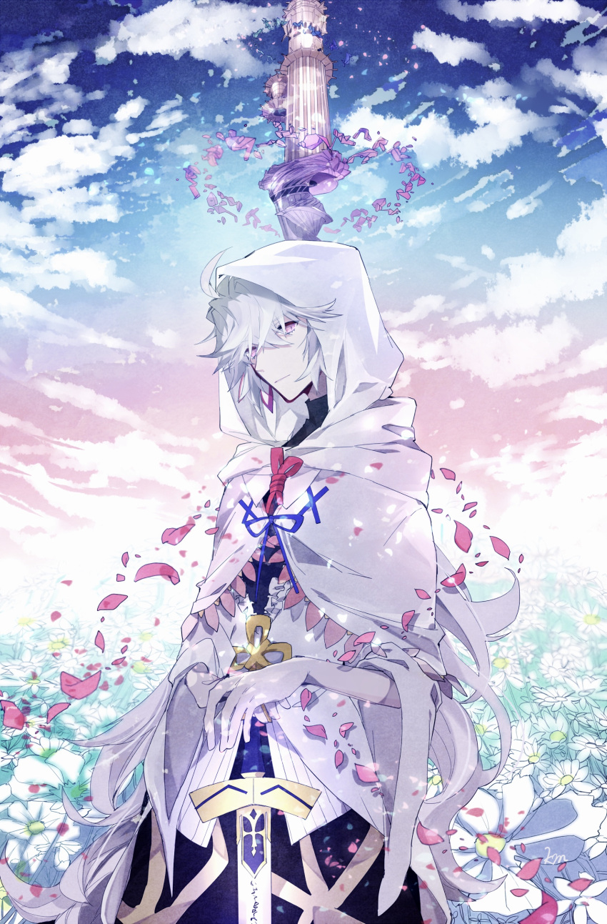 1boy absurdres ahoge blue_sky cloud cloudy_sky excalibur_(fate/stay_night) fate/grand_order fate_(series) field flower flower_field flower_knot full_body garden_of_avalon hair_between_eyes hair_ornament highres holding holding_sword holding_weapon hood hooded_robe long_hair long_sleeves looking_at_viewer male_focus merlin_(fate) misato_karuha petals purple_eyes ribbon robe sky smile solo sword very_long_hair weapon white_hair white_robe