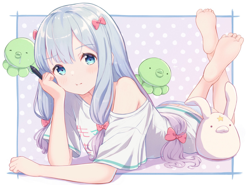 1girl absurdres ass barefoot blue_eyes blue_panties bow clothes_writing eromanga_sensei feet hair_bow hand_on_own_cheek hand_on_own_face highres izumi_sagiri leg_up legs long_hair looking_at_viewer low-tied_long_hair lying no_pants off_shoulder on_stomach panties ribbon shirt short_sleeves soles solo stuffed_toy tansui_san_(tcjp4784) toes underwear white_hair white_shirt