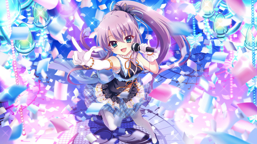 1girl bare_shoulders beads black_dress black_scrunchie blue_eyes blue_footwear blue_skirt bracelet breasts concert confetti dot_nose dress fang film_grain from_above game_cg gloves hair_ornament hair_ribbon hair_scrunchie high_ponytail holding holding_microphone idol idol_clothes index_finger_raised izumi_tsubasu jewelry layered_skirt leggings long_hair looking_at_viewer microphone musical_note non-web_source official_art open_mouth pinky_out plaid plaid_skirt purple_hair purple_ribbon re:stage! ribbon scrunchie shoes skirt sleeveless sleeveless_dress small_breasts smile solo sparkle stage standing standing_on_one_leg striped striped_ribbon tsukisaka_sayu underbust white_gloves white_leggings white_skirt