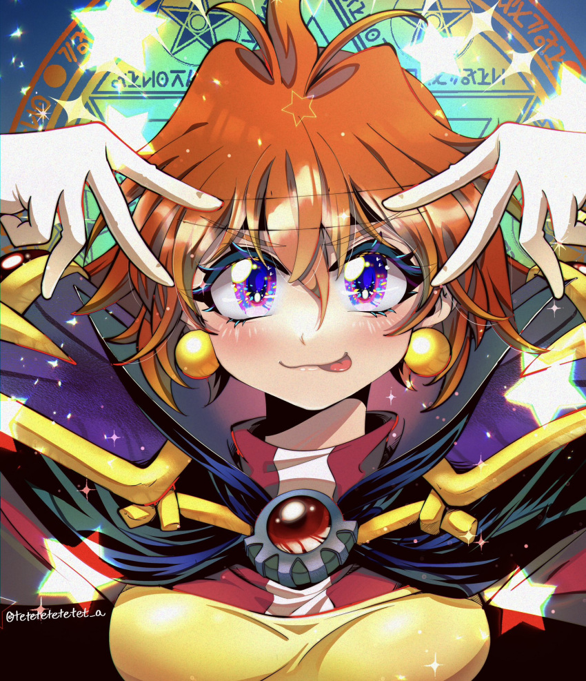 1girl black_cape blush cape double_v earrings gloves hair_between_eyes highres hoshino_ai's_pose ichi_orgin jacket jewelry lina_inverse looking_at_viewer orange_hair oshi_no_ko parody portrait purple_eyes red_jacket slayers solo sparkle star_(symbol) straight-on tongue tongue_out twitter_username v white_gloves yellow_tube_top