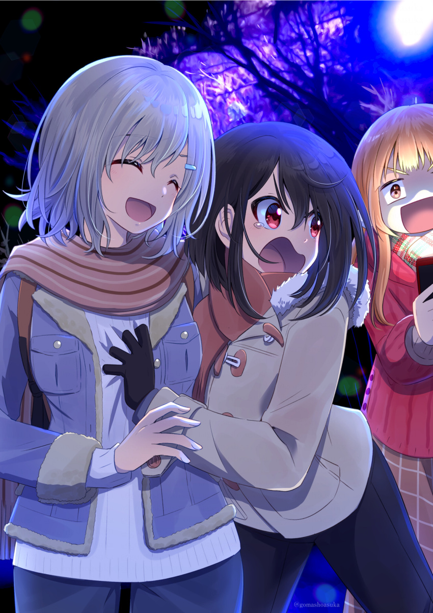 3girls :d :o black_gloves black_pants blonde_hair blue_jacket brown_coat brown_scarf brown_skirt coat crying denim gloves gomasho_asuka grabbing hair_ornament hairclip highres holding holding_phone jacket long_sleeves multiple_girls night night_sky original outdoors pants phone pink_coat red_eyes scarf skirt sky smile surprised