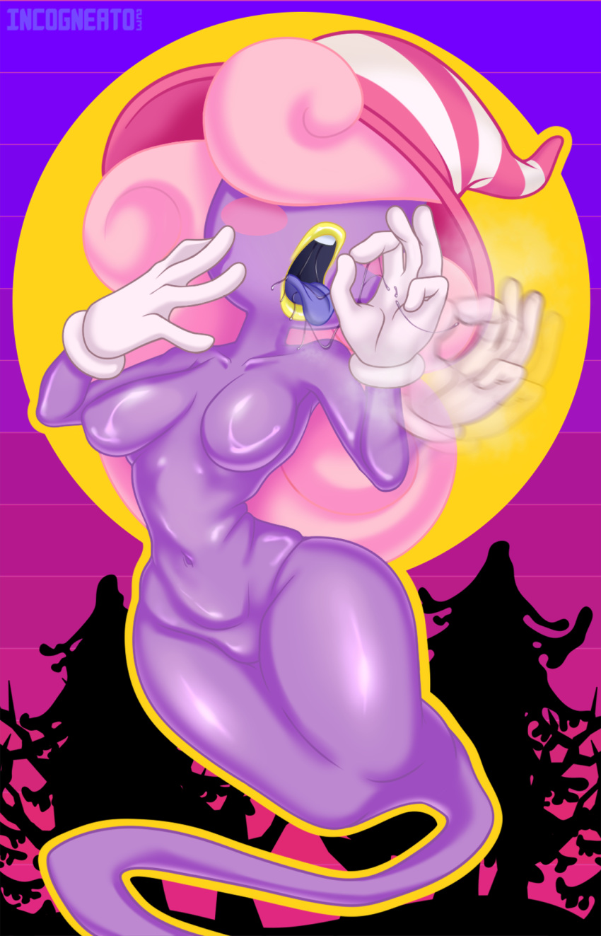 2023 breasts clothing featureless_breasts featureless_crotch fellatio_gesture female front_view full-length_portrait gesture ghost gloves hair hair_over_eyes handwear hat headgear headwear hi_res humanoid incogneato lips mario_bros mostly_nude nintendo not_furry paper_mario pink_hair portrait purple_body purple_skin purple_tongue shadow_siren solo spirit suggestive suggestive_gesture tongue tongue_out vivian_(mario) witch_hat yellow_lips
