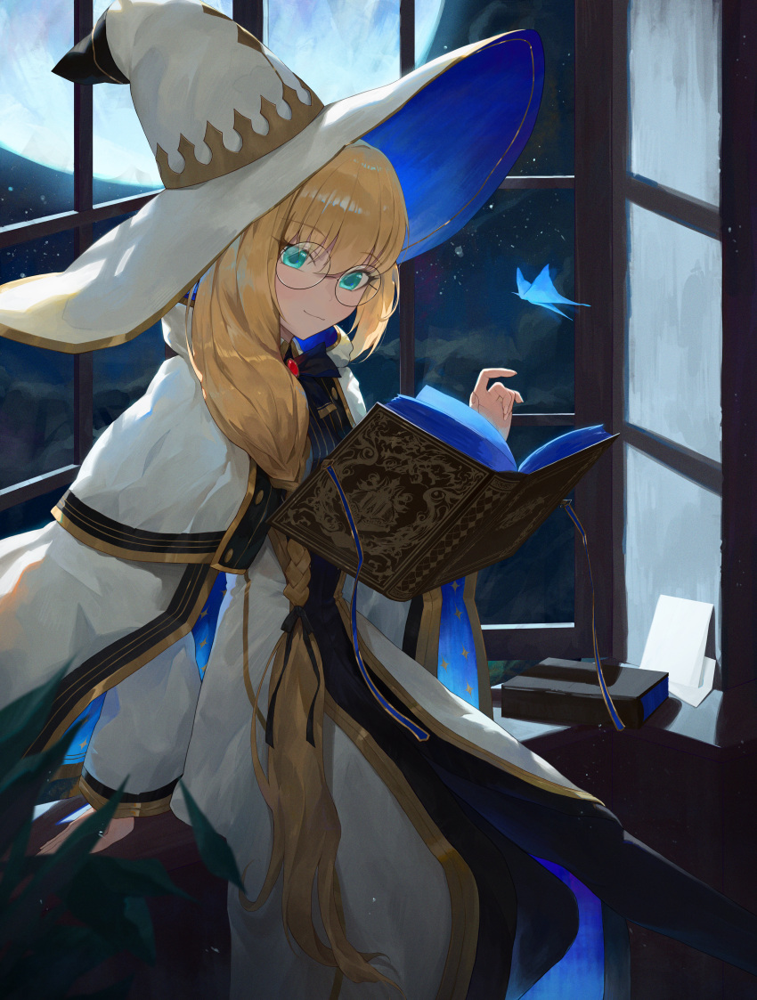 1girl absurdres black_dress blonde_hair book bow bowtie braid breasts brooch bug butterfly cloak dress fate/grand_order fate_(series) full_moon glasses gold_trim green_eyes hat highres jewelry long_hair long_sleeves looking_at_viewer medium_breasts moon night night_sky round_eyewear side_ponytail sky smile sn2_bu solo tonelico_(fate) tonelico_(first_ascension)_(fate) two-tone_dress white_cloak white_dress white_headwear wide_sleeves window witch_hat