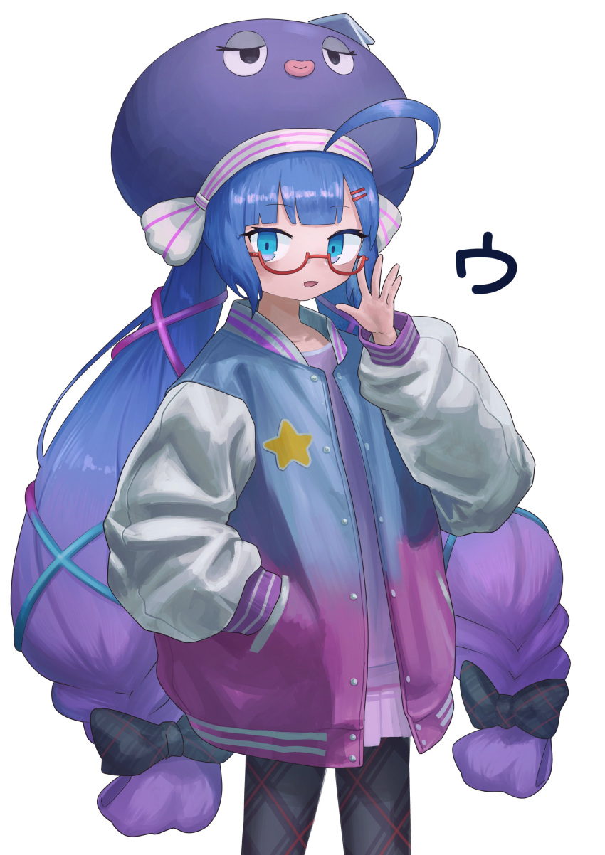 1girl absurdres adjusting_eyewear ahoge argyle_pantyhose black_pantyhose blue_eyes blue_hair blue_jacket blunt_bangs blush cowboy_shot eel_hat glasses gradient_jacket hair_ornament hairclip hand_in_pocket hand_up highres initial jacket letterman_jacket long_hair looking_at_viewer low_twintails open_clothes open_jacket open_mouth otomachi_una otomachi_una_(talkex) pantyhose pink_jacket pleated_skirt poyopoyo_(poyo_mega181) purple_hair purple_shirt purple_skirt red-framed_eyewear semi-rimless_eyewear shirt skirt smile solo standing talkex twintails very_long_hair vocaloid white_sleeves