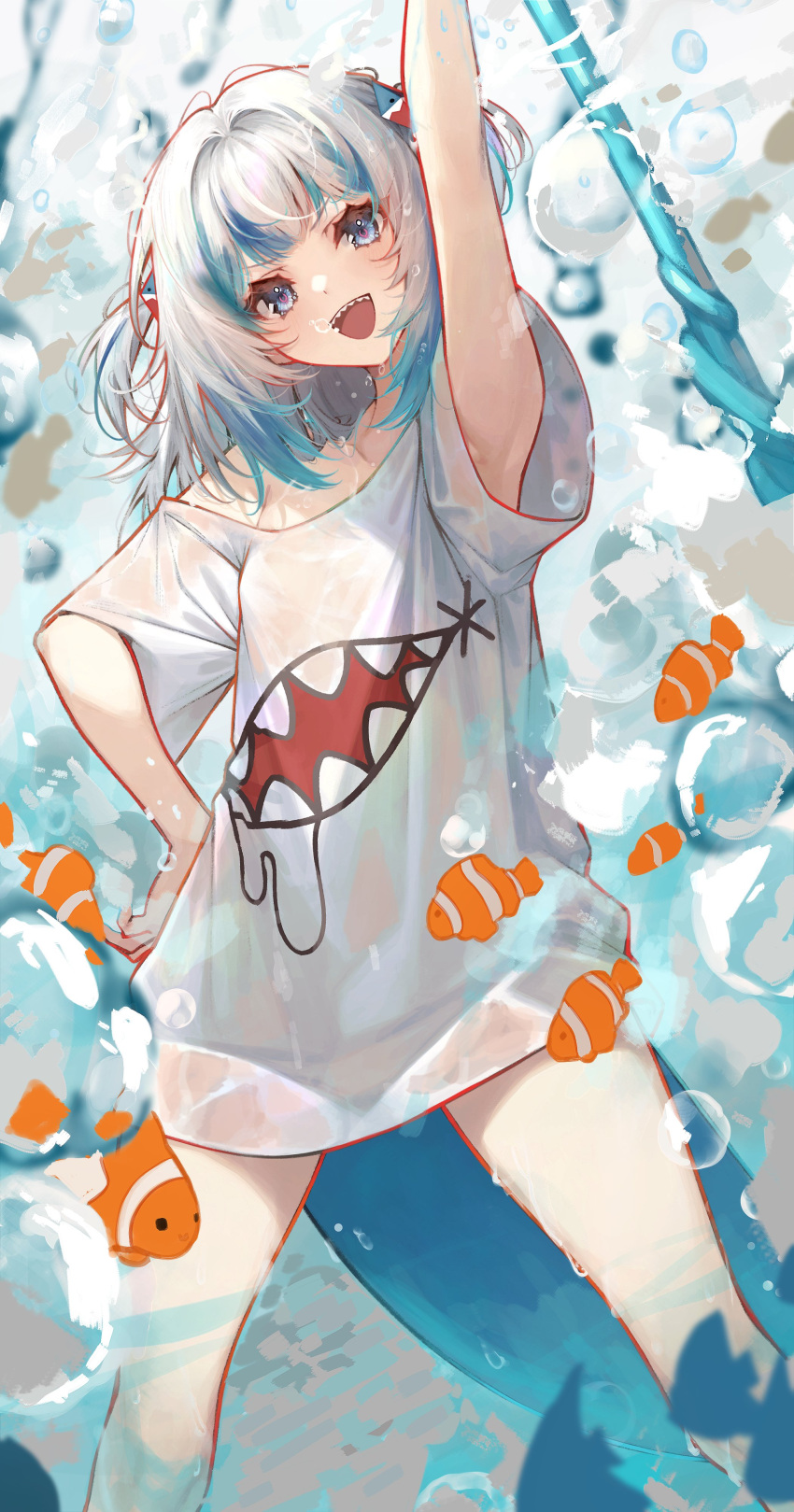 1girl absurdres air_bubble arm_up blue_eyes blue_hair bubble clownfish fins fish fish_tail gawr_gura grey_hair hair_ornament highres hololive hololive_english ijac_ray looking_at_viewer loose_clothes loose_shirt multicolored_hair shark_girl shark_hair_ornament shark_tail sharp_teeth shirt smile solo streaked_hair t-shirt tail teeth two_side_up virtual_youtuber