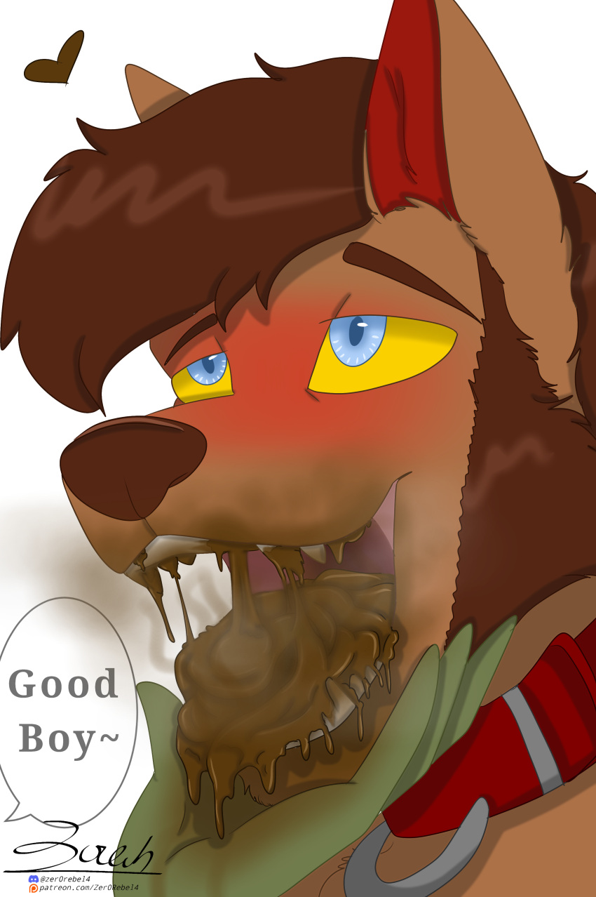 &lt;3 2023 absurd_res ahegao ambiguous_gender anonymous_character anthro blue_eyes blush blushing_profusely brown_body brown_fur brown_hair canid canine canis collar dialogue digital_media_(artwork) discord_(app) dominant dominant_ambiguous duo eating_feces english_text faceless_character facial_hair feces feces_in_mouth filth fur good_boy hair hi_res holding_chin humanoid looking_pleasured male male/ambiguous mammal mature_male messy open_mouth patreon petplay portrait roleplay scat smelly submissive submissive_male text thomas_ii_(zer0rebel4) url were werecanid werecanine werewolf wolf yellow_sclera zer0rebel4