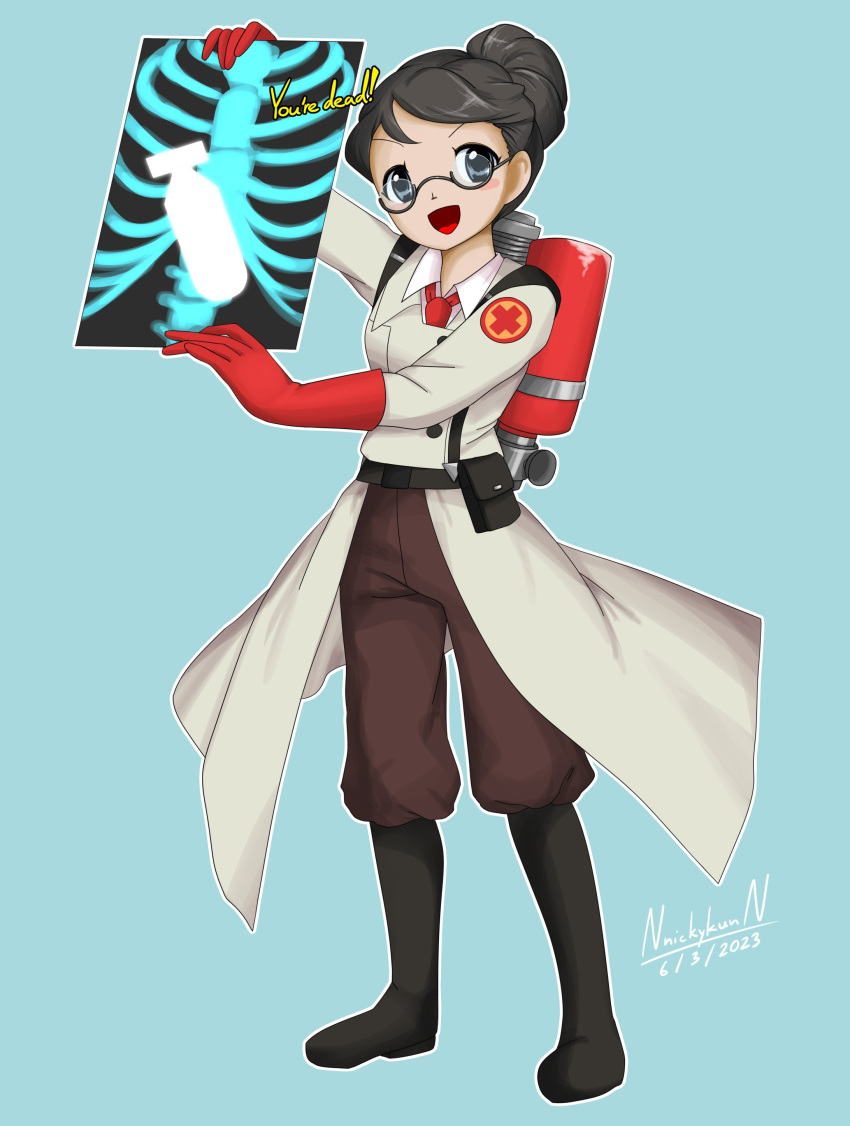 1girl absurdres artist_name black_footwear black_hair blue_background blue_eyes bomb brown_pants commission dated english_text explosive genderswap genderswap_(mtf) glasses gloves highres holding jacket long_sleeves medic_(tf2) necktie nnickykunn pants red_gloves red_necktie solo team_fortress_2 white_jacket x-ray zun_(style)