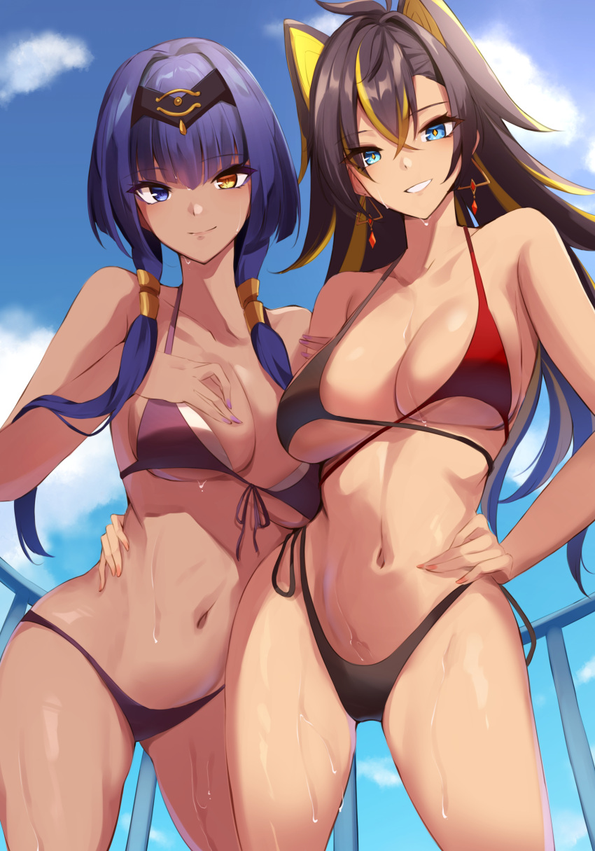 2girls absurdres bikini black_bikini blonde_hair blue_eyes blue_hair blue_sky brown_hair candace_(genshin_impact) cloud commentary_request cowboy_shot dark_skin day dehya_(genshin_impact) earrings genshin_impact grin hand_on_own_hip haneramu heterochromia highres jewelry long_hair looking_at_viewer multicolored_hair multiple_girls navel pointy_hair sky smile standing stomach streaked_hair swimsuit thighs very_long_hair yellow_eyes