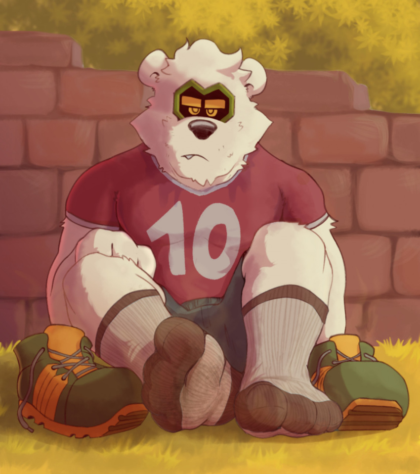 2022 anthro athletic athletic_anthro athletic_male bear black_nose blue_bottomwear blue_clothing blue_shorts bottomwear brick brick_wall clothing dirty dirty_socks footwear frown frown_eyebrows frowning_at_viewer fur grass green_sneakers hair hi_res jozzu leaf looking_at_viewer male mammal number number_on_clothing number_on_topwear number_print plant polar_bear red_clothing red_shirt red_topwear round_ears shadow shirt shoelaces shoes shoes_removed shorts sitting sitting_on_ground sneakers socks solo stroberto t-shirt topwear ursine wall_(structure) white_body white_fur white_hair yellow_sneakers