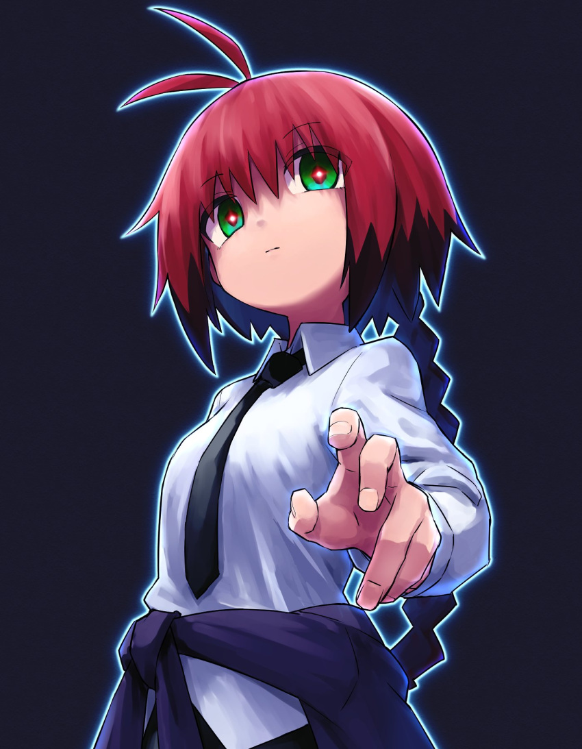 1girl antenna_hair black_background black_hair black_necktie braid breasts clothes_around_waist collared_shirt green_eyes hair_between_eyes highres kill_me_baby long_sleeves looking_at_viewer multicolored_hair necktie outline red_hair red_pupils shirt simple_background single_braid solo unused_character_(kill_me_baby) upper_body white_shirt yachima_tana