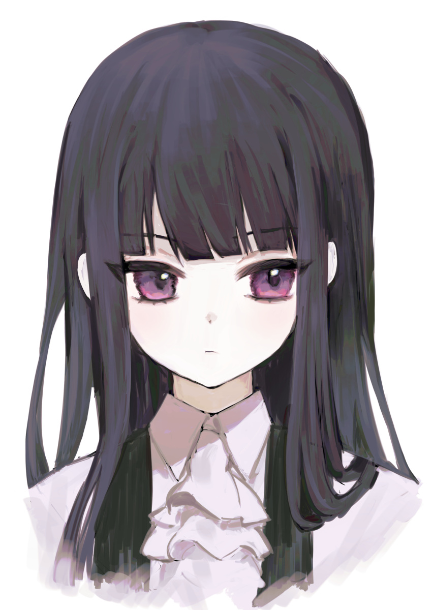 1girl absurdres ascot black_hair blunt_bangs closed_mouth collared_shirt commentary_request expressionless highres hime_cut inu_x_boku_ss long_hair looking_to_the_side purple_eyes shirakiin_ririchiyo shirt simple_background solo upper_body white_ascot white_background white_shirt yagiusagi