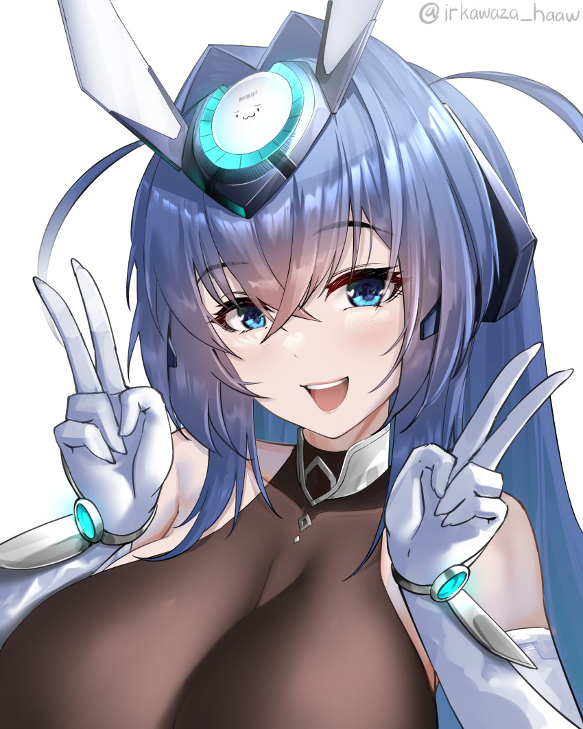 1girl :3 absurdres animal_ears azur_lane bare_shoulders blue_eyes blue_hair bodystocking breasts crossed_bangs elbow_gloves fake_animal_ears gloves hair_between_eyes hair_intakes hands_up headgear highres irkawaza large_breasts light_blush long_hair looking_at_viewer new_jersey_(azur_lane) open_mouth rabbit_ears simple_background smile twitter_username upper_body v white_background white_gloves