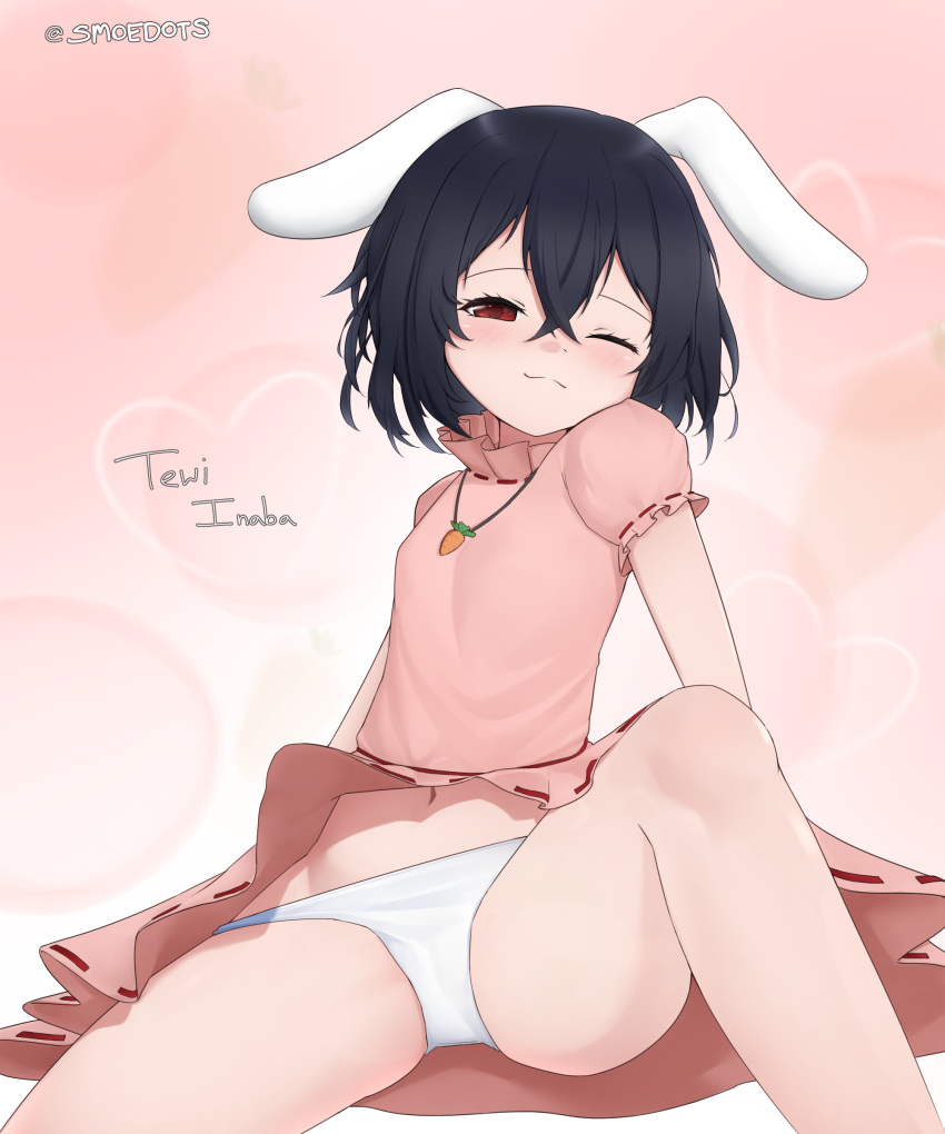 1girl ;3 absurdres animal_ears arm_support bare_legs black_hair breasts carrot_necklace character_name closed_mouth crossed_bangs dress feet_out_of_frame floppy_ears frills hair_between_eyes half-closed_eye heart highres inaba_tewi jewelry light_blush looking_at_viewer navel necklace one_eye_closed petite pink_background pink_dress puffy_short_sleeves puffy_sleeves rabbit_ears red_eyes short_hair short_sleeves simple_background sitting small_breasts smoedots solo spread_legs touhou