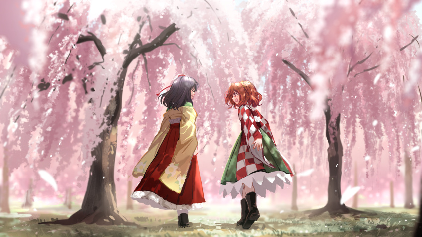 2girls bell black_footwear blush boots checkered_clothes checkered_kimono cherry_blossoms closed_eyes from_behind full_body green_kimono hair_bell hair_ornament hakama hieda_no_akyuu highres japanese_clothes jingle_bell kimono long_sleeves motoori_kosuzu multiple_girls open_mouth purple_hair red_eyes red_hair red_hakama short_hair smile suna_(s73d) touhou tree two_side_up wide_sleeves yellow_kimono