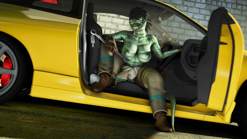 2023 3d_(artwork) accessory anthro areola big_areola big_breasts black_hair bottomwear breasts car cargo_pants clothed clothing detailed_background digital_media_(artwork) fangs female fingers forked_tongue garage gloves green_body green_scales hair hair_accessory hairband handwear hi_res inside kira_(viper-desires) long_tail looking_at_viewer mechanic nipples pants partially_clothed red_eyes reptile scales scalie sharp_teeth sitting snake solo source_filmmaker tail teeth tongue tongue_out tools topless topless_anthro topless_female vehicle viper-desires wrench