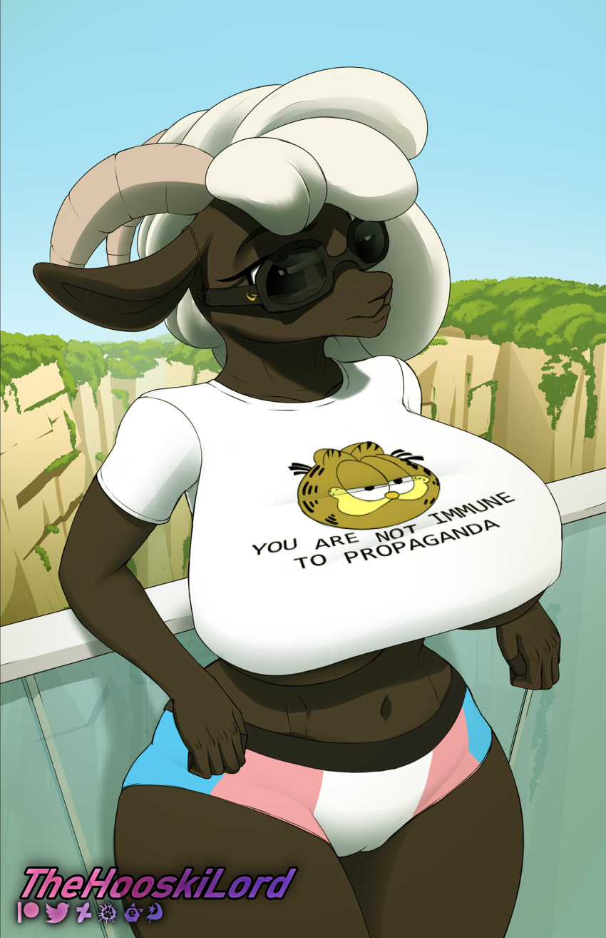 anthro big_breasts bottomwear bovid breasts camel_toe caprine clothed clothing english_text eyewear female garfield_(series) garfield_the_cat hi_res huge_breasts mammal shirt shorts solo sunglasses text thehuskylord topwear