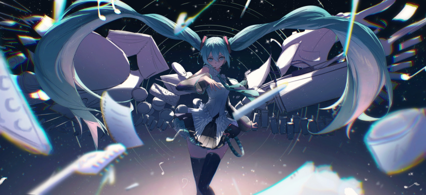1girl absurdres aoi-_(yooseina) bare_shoulders belt black_skirt black_sleeves black_thighhighs blue_eyes blue_hair blue_necktie chromatic_aberration closed_mouth collared_shirt detached_sleeves feet_out_of_frame floating_hair frilled_shirt frills hair_between_eyes hatsune_miku hatsune_miku_happy_16th_birthday_-dear_creators- highres legs_together long_hair long_sleeves looking_at_viewer loose_belt necktie piano_keys pleated_skirt shirt sidelocks sketchbook skirt sleeveless sleeveless_shirt smile solo star_trail thighhighs thighs tie_clip very_long_hair vocaloid white_shirt zettai_ryouiki