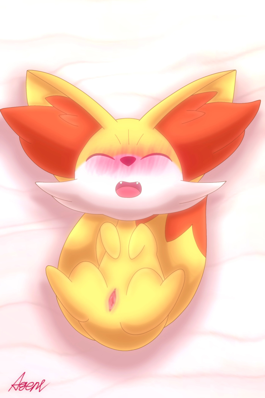 2023 2:3 agent_0730 blush canid censored censored_genitalia censored_pussy clitoris cute_fangs digital_media_(artwork) dipstick_tail eyes_closed female fennekin feral fur generation_6_pokemon genitals hi_res humanoid_genitalia humanoid_pussy inner_ear_fluff lying mammal markings mosaic_censorship multicolored_body multicolored_fur nintendo nude on_back open_mouth paws pokemon pokemon_(species) pussy quadruped red_inner_ear_fluff red_markings shaded signature snout soft_shading solo tail tail_markings tongue tuft white_body white_fur yellow_body yellow_fur