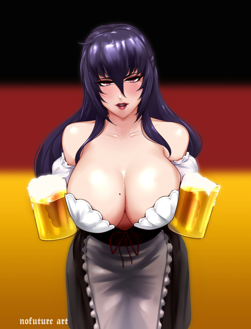 1girl absurdres alcohol barmaid beatrix_bremer beer_mug black_hair blurry blurry_background breasts collarbone cup detached_sleeves german_clothes german_flag hair_between_eyes highres holding holding_cup huge_breasts leaning_forward long_hair mole mole_on_breast mug muvluv muvluv_alternative nofuture oktoberfest red_eyes red_lips schwarzesmarken sidelocks solo