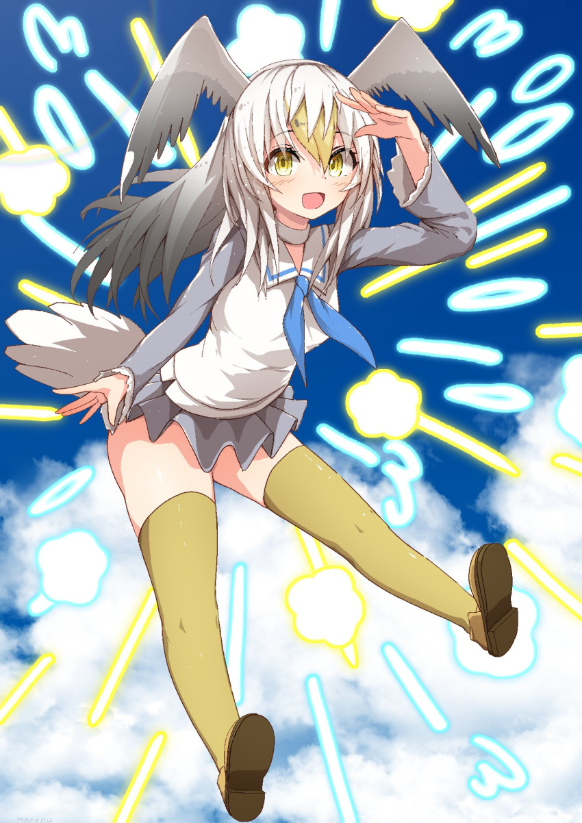 1girl bird_girl bird_tail bird_wings blonde_hair blue_neckerchief blush choker common_gull_(kemono_friends) grey_hair grey_skirt grey_vest highres karekusa_meronu kemono_friends loafers long_hair looking_at_viewer multicolored_hair neckerchief open_mouth pleated_skirt sailor_collar shirt shoes skirt smile solo tail thighhighs two-tone_shirt vest white_choker white_hair white_shirt wings yellow_eyes yellow_footwear yellow_thighhighs zettai_ryouiki