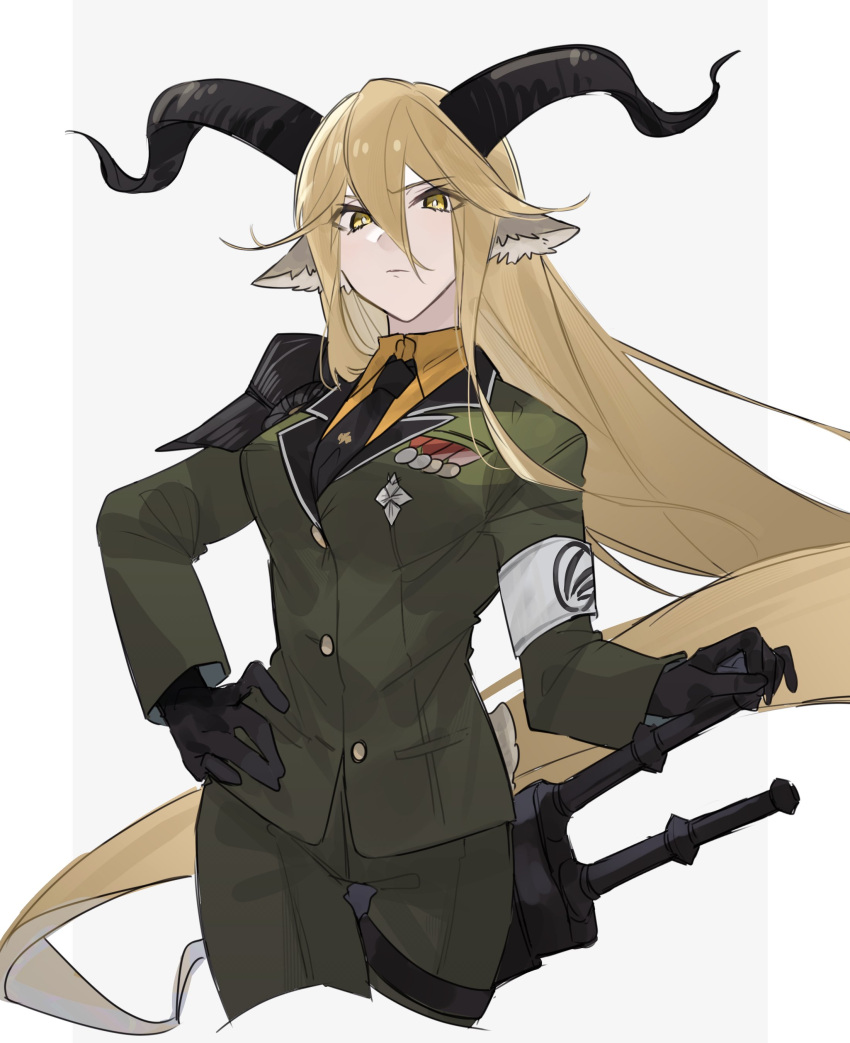 1girl absurdly_long_hair absurdres animal_ears arknights black_gloves black_necktie blonde_hair breasts collared_shirt cowboy_shot cropped_legs degenbrecher_(arknights) gloves goat_ears goat_girl goat_horns green_jacket green_pants hair_between_eyes highres horns jacket kjerag_logo long_hair looking_at_viewer medal medium_breasts necktie orange_shirt pants sheath sheathed shirt simple_background solo sword very_long_hair weapon white_background yakota_(usuk-yako) yellow_eyes