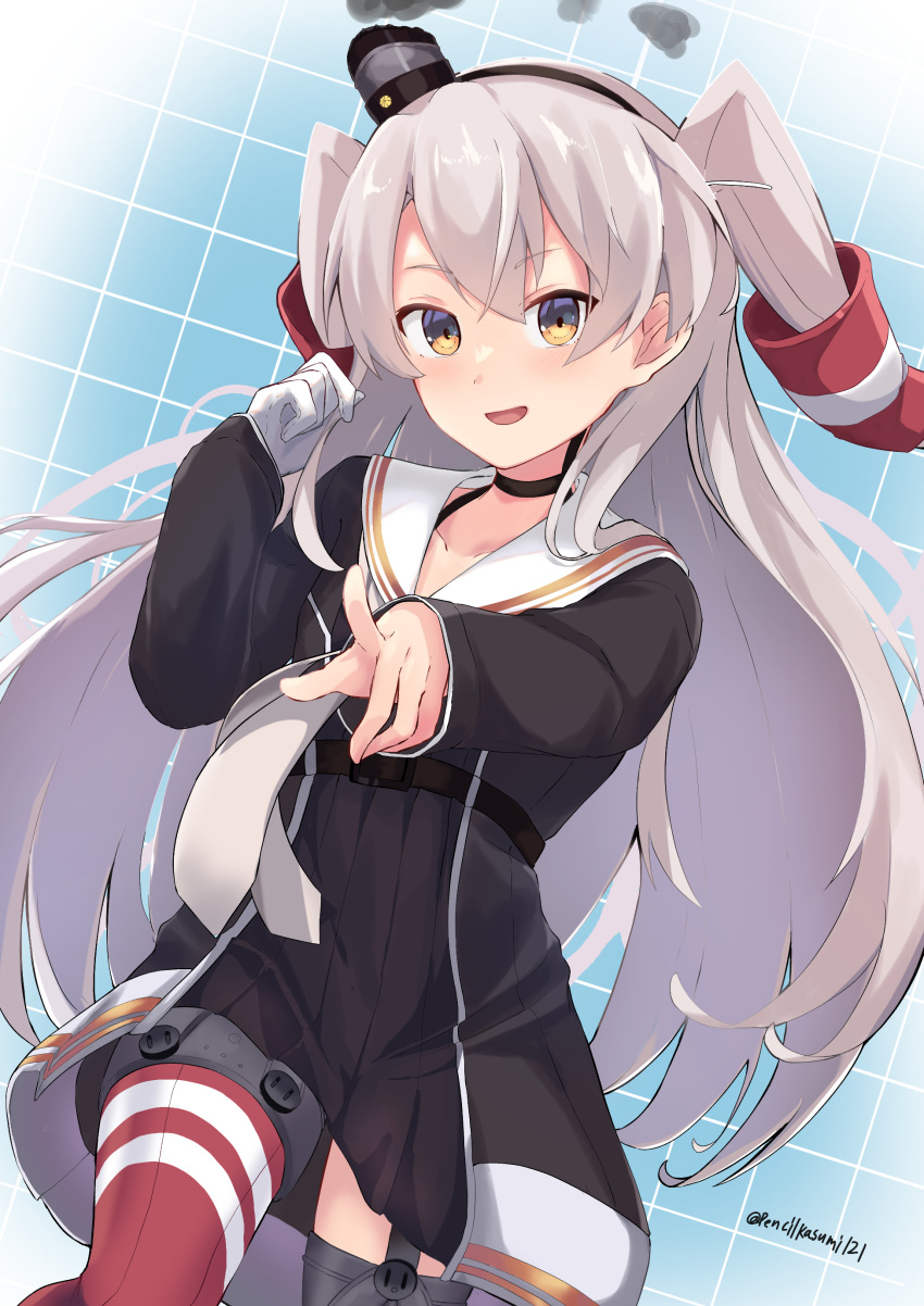 1girl :d absurdres amatsukaze_(kancolle) amatsukaze_kai_ni_(kancolle) brown_dress dress gloves highres kantai_collection long_hair osmium-76 red_thighhighs sailor_collar sailor_dress smile smokestack smokestack_hair_ornament thighhighs twintails twitter_username very_long_hair white_gloves white_hair yellow_eyes