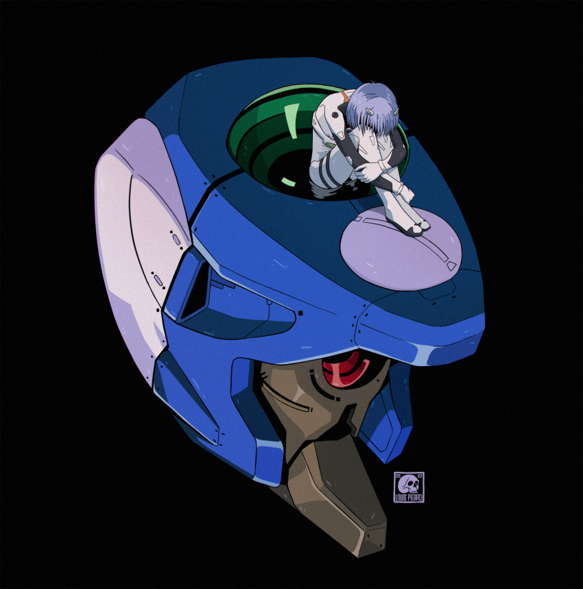 ayanami_rei black_background blue_hair eva_00 evangelion_(mecha) gloves highres machinery mecha meme neon_genesis_evangelion official_style parody plugsuit robot sad science_fiction shinji_in_a_chair_(meme) signature sitting upper_body