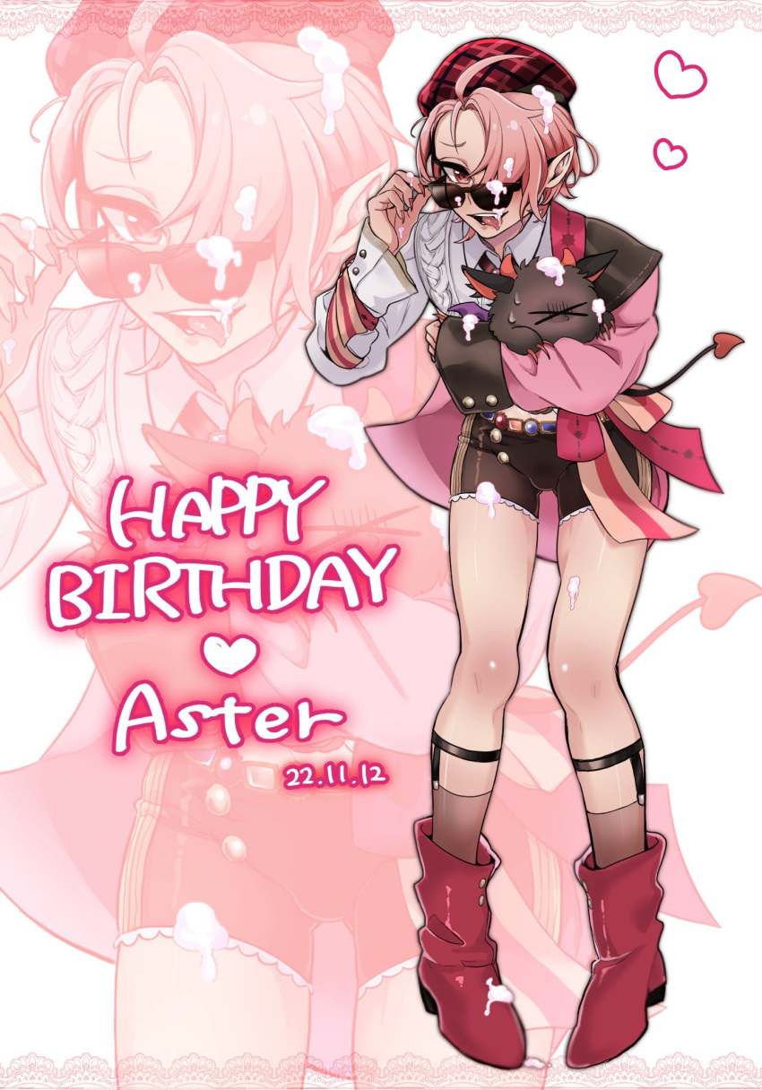 1boy :p adjusting_eyewear androgynous aster_(nu_carnival) bat_(animal) black_shorts cream cream_on_body cream_on_face dated food food_on_face gem hair_over_one_eye happy_birthday highres long_sleeves looking_at_viewer male_focus morvay_(nu_carnival) nu_carnival otinton014 pink_hair plaid_headwear pointy_ears red_eyes red_footwear red_headwear short_hair shorts smile standing suggestive_fluid sunglasses tongue tongue_out vampire