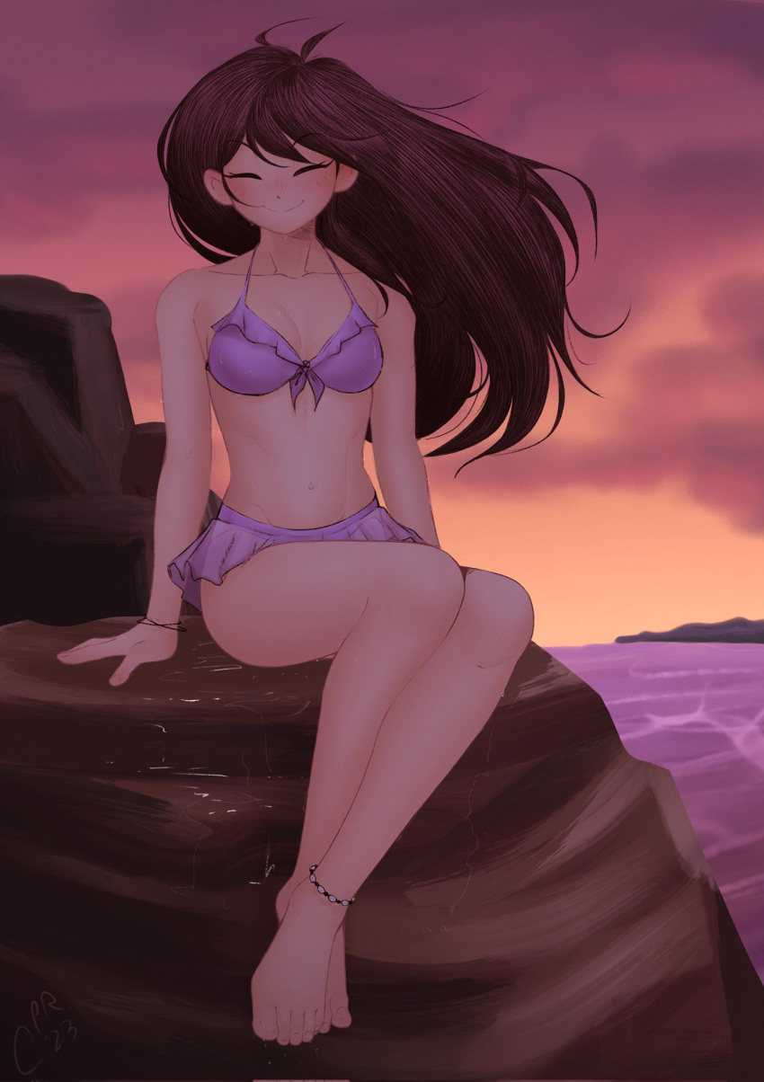 1girl anklet bare_legs barefoot bikini breasts brown_hair cabronpr closed_eyes closed_mouth cloud cloudy_sky collarbone crossed_legs feet frilled_bikini frills highres jewelry legs long_hair mari_(omori) medium_breasts ocean omori orange_sky outdoors purple_bikini sitting sky smile solo swept_bangs swimsuit toenails toes