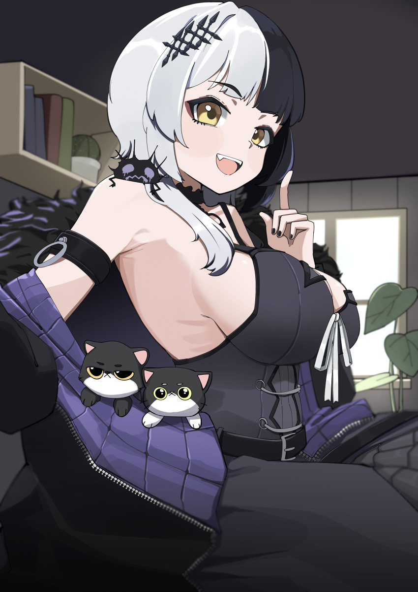 1girl :d absurdres arm_belt armpits bare_shoulders belt black_belt black_choker black_dress black_hair black_nails breasts cat choker corset dress feeq fur_trim hair_ornament highres hololive hololive_english index_finger_raised indoors large_breasts long_hair looking_at_viewer multicolored_hair off_shoulder ribbon shiori_novella sideboob smile solo split-color_hair two-tone_hair virtual_youtuber white_hair white_ribbon window yellow_eyes yorick_(shiori_novella) zipper